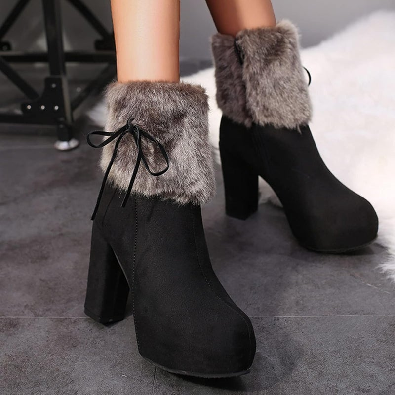 woobles Winter Boot for Women,Women Round Toe Platform Booties Ladies Cute Chunky High Heel Snow Ankle Boot Wedge Zipper Slip On Boot Causal Walking Dress Shoe (Black, 7) - Image 3